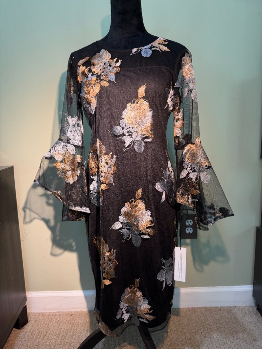 Calvin Klein Black Floral Dress NWT Sheer Lace Back Zipper Size 10